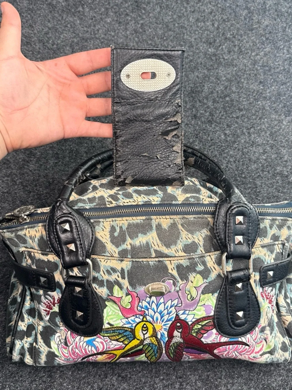 Ed Hardy Y2K Vintage Black Trim Multicolor Embroidered Bird Satchel